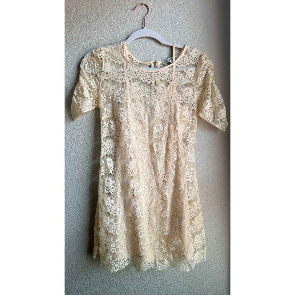 Forever 21 Cream Floral Lace Mini Dress Small Removable Slip Ruched Sleeves